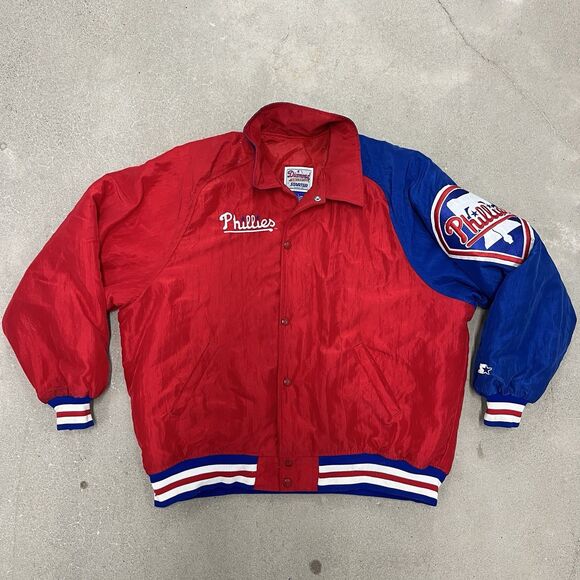 VINTAGE Philadelphia Phillies Jacket Mens Large Red Dugout MLB Baseball Starter